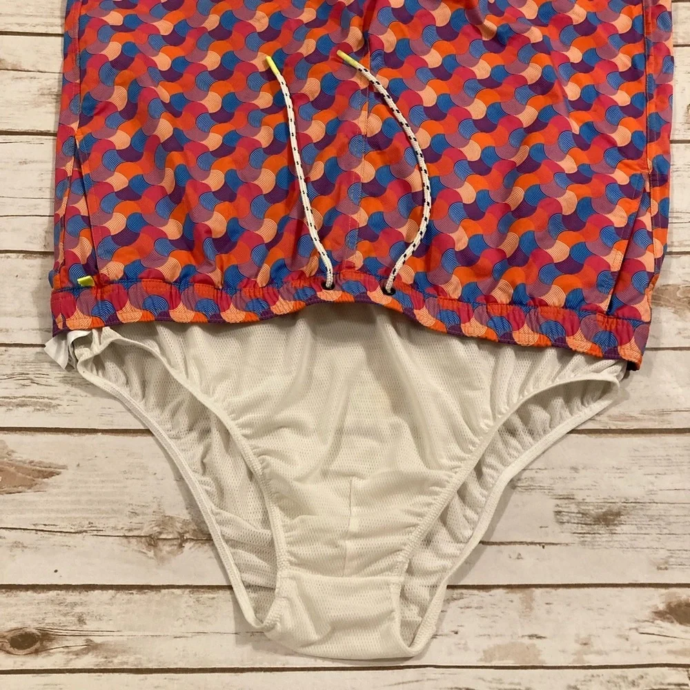 Psycho Bunny Orange Red Blue Geometric Swim Trunks